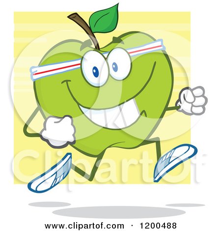 Cartoon of a Healthy Fit Green Apple Jogging over Yellow - Royalty Free Vector Clipart by Hit Toon