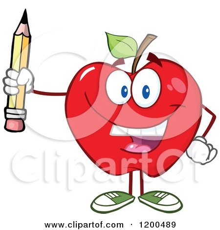 Cartoon of a Happy Red Apple Holding a Pencil - Royalty Free Vector Clipart by Hit Toon