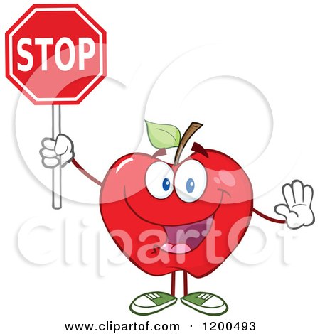 Cartoon of a Happy Red Apple Gesturing and Holding a Stop Sign - Royalty Free Vector Clipart by Hit Toon