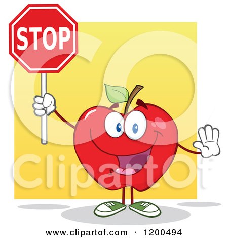 Cartoon of a Happy Red Apple Gesturing and Holding a Stop Sign over Yellow - Royalty Free Vector Clipart by Hit Toon