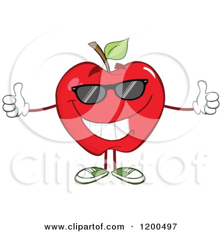 Cartoon of a Pleased Red Apple Wearing Sunglasses and Holding Two Thumbs up - Royalty Free Vector Clipart by Hit Toon