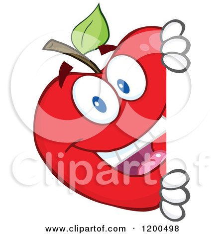 Cartoon of a Happy Red Apple Looking Around a Sign or Corner - Royalty Free Vector Clipart by Hit Toon