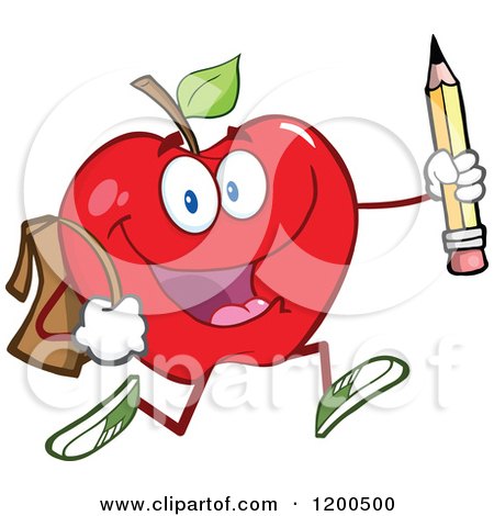 Cartoon of a Happy Red Apple Running with a Backpack and Pencil - Royalty Free Vector Clipart by Hit Toon
