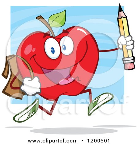 Cartoon of a Happy Red Apple Running with a Backpack and Pencil over Blue - Royalty Free Vector Clipart by Hit Toon