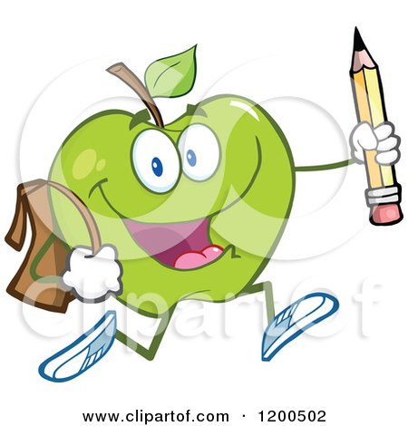Cartoon of a Happy Green Apple Running with a Backpack and Pencil - Royalty Free Vector Clipart by Hit Toon