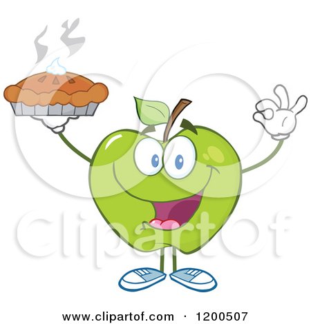 Cartoon of a Green Apple Gesturing Ok and Holding up a Fresh Hot Pie - Royalty Free Vector Clipart by Hit Toon