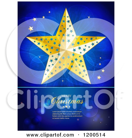 Clipart of a Golden Christmas Star over Flares with Sample Text on Blue - Royalty Free Vector Illustration by elaineitalia