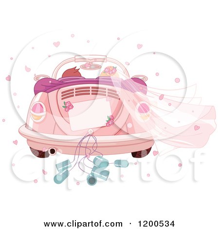 Clipart of a Rear View of a Couple Driving Away in a Pink VW Slug Bug Wedding Car - Royalty Free Vector Illustration by Pushkin