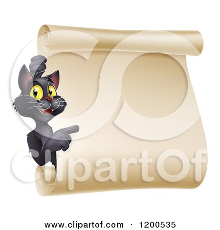 Cartoon of a Black Halloween Cat Pointing to a Scroll Sign - Royalty Free Vector Clipart by AtStockIllustration