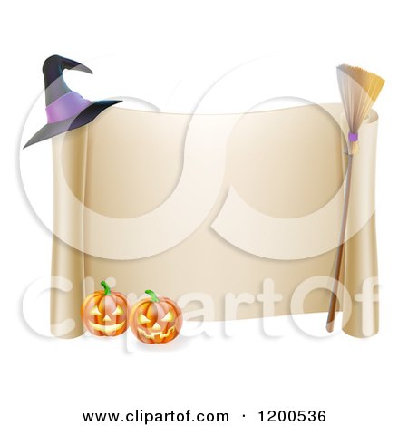 Cartoon of a Scroll Sign with a Witch Hat Broom and Halloween Pumpkins - Royalty Free Vector Clipart by AtStockIllustration