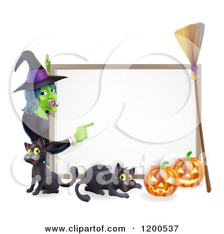Cartoon of a Witch Pointing to a White Board Sign over a Black Cat and Halloween Pumpkins with a Broom - Royalty Free Vector Clipart by AtStockIllustration