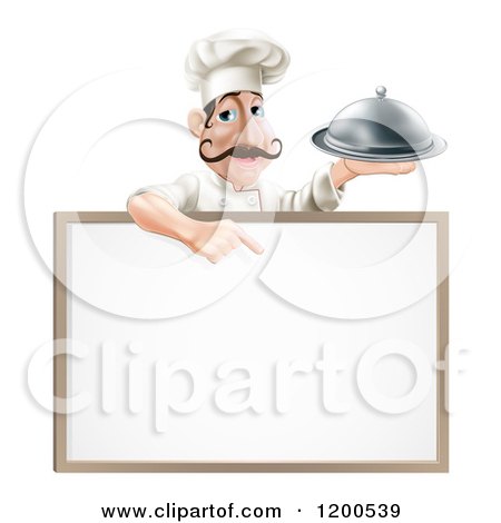 Cartoon of a Male Chef Holding a Platter and Pointing down at a White Board - Royalty Free Vector Clipart by AtStockIllustration