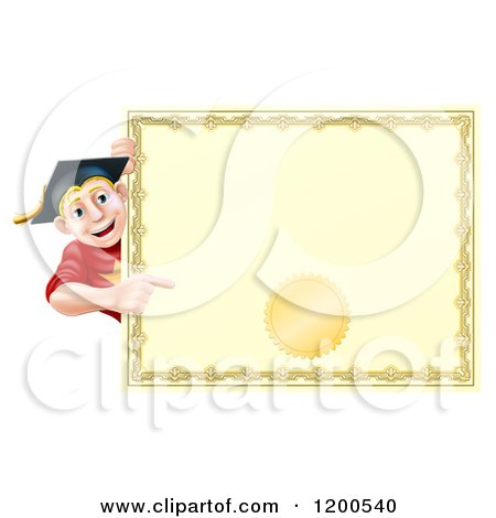 Cartoon of a Happy Blond Graduate Man Looking Around and Pointing at a Certificate - Royalty Free Vector Clipart by AtStockIllustration