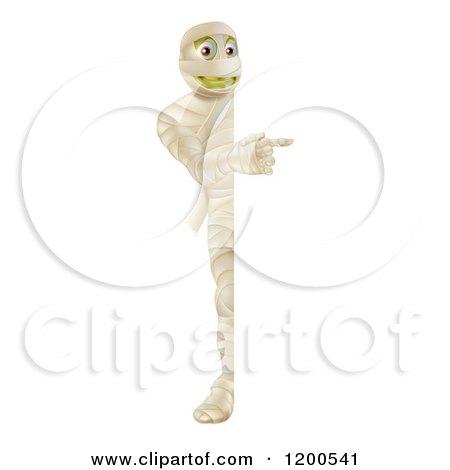 Cartoon of a Happy Halloween Mummy Looking Around and Pointing at a Sign - Royalty Free Vector Clipart by AtStockIllustration