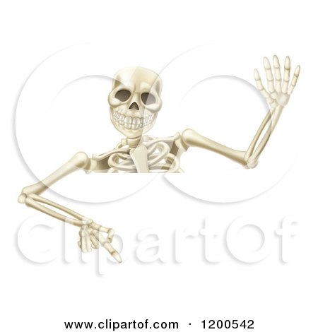 Cartoon of a Waving Halloween Skeleton Pointing down at a Sign - Royalty Free Vector Clipart by AtStockIllustration