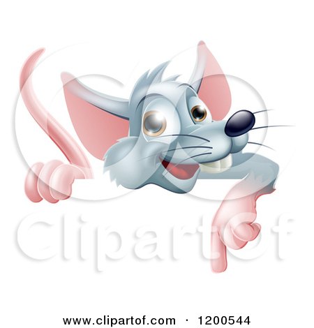 Cartoon of a Happy Gray Rat Pointing down at a Sign - Royalty Free Vector Clipart by AtStockIllustration