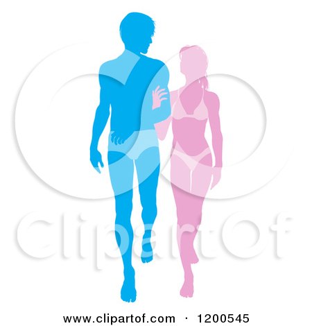 Cartoon of a Silhouetted Pink and Blue Beach Couple Walking Arm in Arm in Beach Wear - Royalty Free Vector Clipart by AtStockIllustration