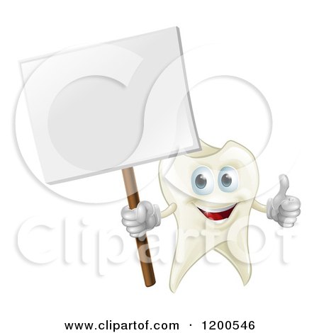 Cartoon of a Happy Tooth Mascot Holding a Thumb up and a Sign - Royalty Free Vector Clipart by AtStockIllustration