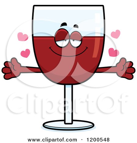 Cartoon of a Loving Red Wine Glass Character with Open Arms and Hearts - Royalty Free Vector Clipart by Cory Thoman