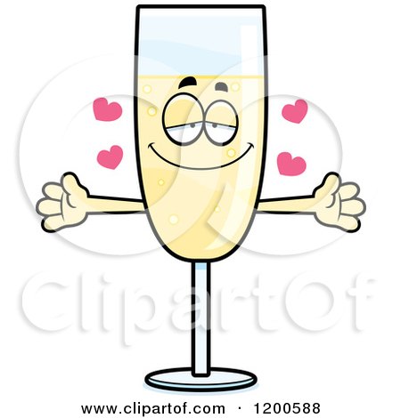 Cartoon of a Loving Champagne Mascot with Open Arms and Hearts - Royalty Free Vector Clipart by Cory Thoman
