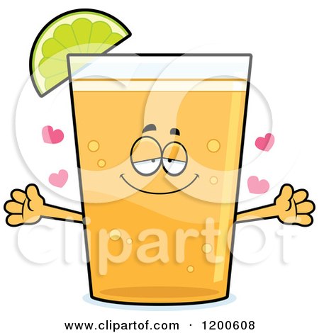 Cartoon of a Loving Beer Mascot with Open Arms a Lime Slice and Hearts - Royalty Free Vector Clipart by Cory Thoman