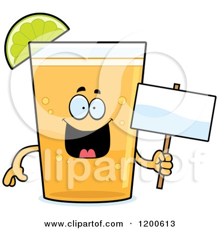 Cartoon of a Happy Beer Mascot with a Lime Wedge, Holding a Sign - Royalty Free Vector Clipart by Cory Thoman