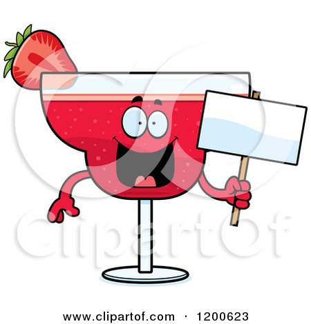 Cartoon of a Happy Strawberry Daiquiri Mascot Holding a Sign - Royalty Free Vector Clipart by Cory Thoman