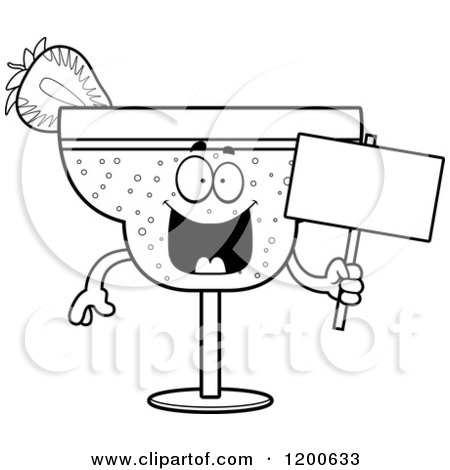 Cartoon of a Black and White Happy Strawberry Daiquiri Mascot Holding a Sign - Royalty Free Vector Clipart by Cory Thoman