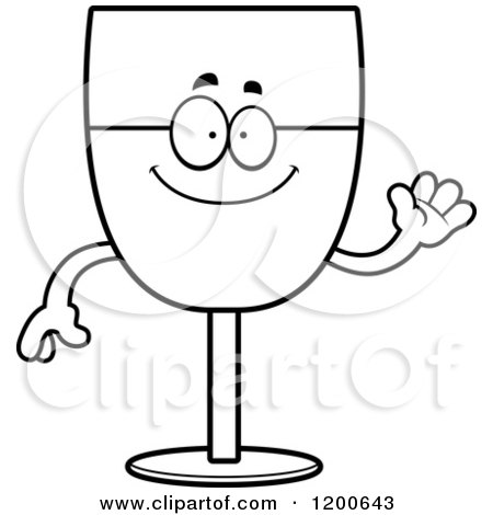 Cartoon of a Black and White Friendly Waving Wine Glass Character - Royalty Free Vector Clipart by Cory Thoman