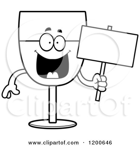Cartoon of a Black and White Happy Wine Glass Character Holding a Sign - Royalty Free Vector Clipart by Cory Thoman