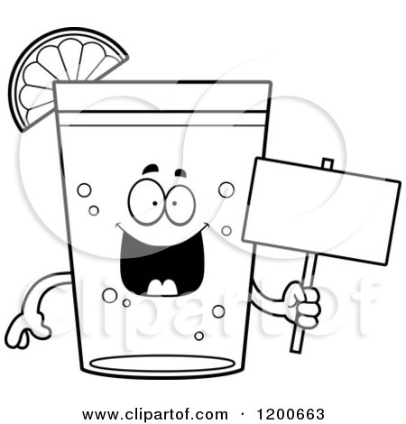 Cartoon of a Black and White Happy Beer Mascot with a Lime Wedge, Holding a Sign - Royalty Free Vector Clipart by Cory Thoman