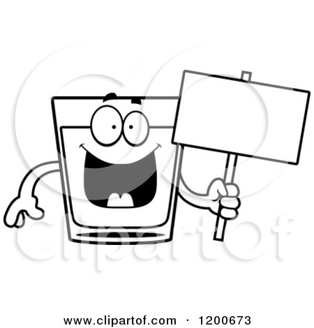 Cartoon of a Black and White Happy Shot Glass Mascot Holding a Sign - Royalty Free Vector Clipart by Cory Thoman