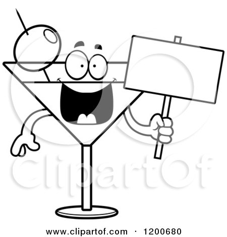 Cartoon of a Black and White Happy Martini Mascot Holding a Sign - Royalty Free Vector Clipart by Cory Thoman