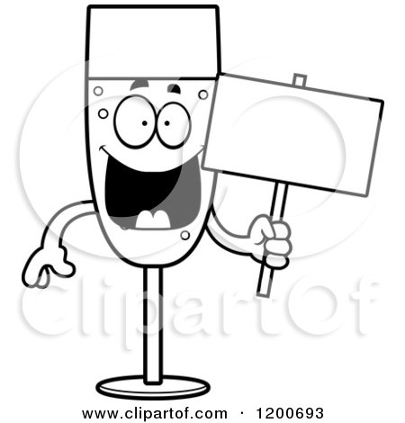 Cartoon of a Black and White Happy Champagne Mascot Holding a Sign - Royalty Free Vector Clipart by Cory Thoman