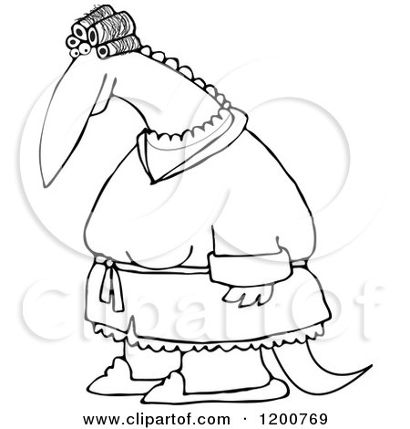 Clipart of an Outlined Female Dinosaur in Curlers and a Robe - Royalty Free Vector Illustration by djart