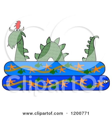 Clipart of a Green Loch Ness Monster Plesiosaur Dinosaur in a Kiddie Swimming Pool - Royalty Free Illustration by djart