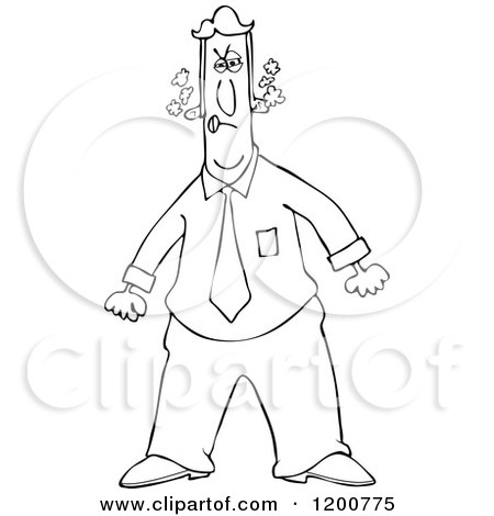 Cartoon of an Outlined Angry Man Steaming Mad and Clenching His Fists - Royalty Free Vector Clipart by djart