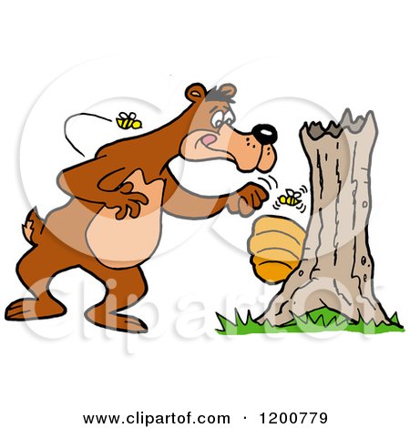 Cartoon of Bees Buzzing Around a Bear Knocking on a Hive - Royalty Free Vector Clipart by LaffToon