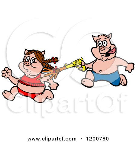 Cartoon of a Male Pig Chasing a Female with a Bbq Sauce Squirt Gun - Royalty Free Vector Clipart by LaffToon