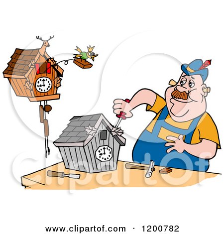 Cartoon of a Bird Emerging from a Cuckoo Clock over a Repair Man - Royalty Free Vector Clipart by LaffToon