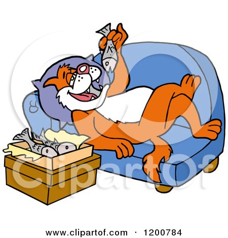 Cartoon of a Fat Ginger Cat Relaxing on a Sofa and Eating Fish - Royalty Free Vector Clipart by LaffToon