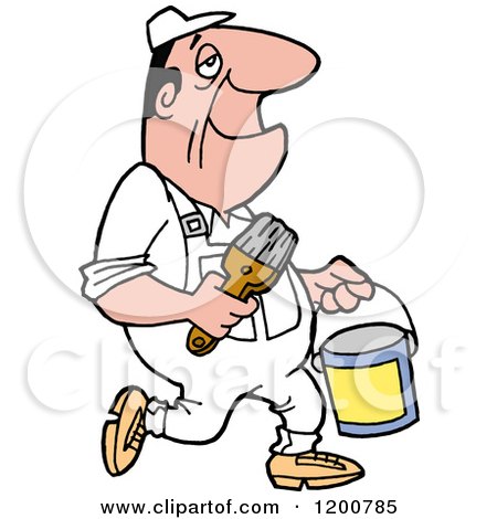 Cartoon of a Happy Male Painter Walking with a Can and Brush - Royalty Free Vector Clipart by LaffToon