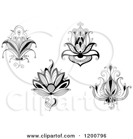 Clipart of Black and White Henna Flowers - Royalty Free Vector Illustration by Vector Tradition SM