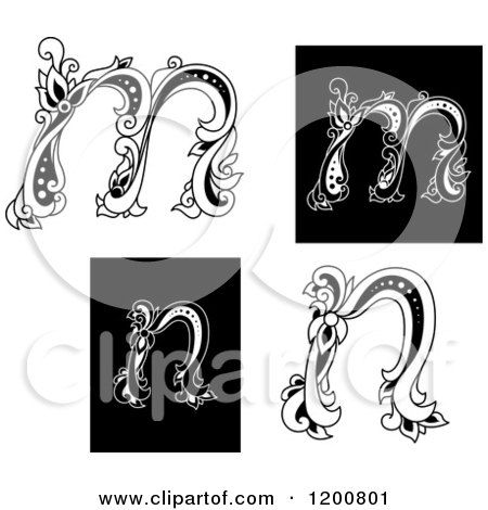 Clipart of Vintage Black and White Floral Letters M and N - Royalty Free Vector Illustration by Vector Tradition SM