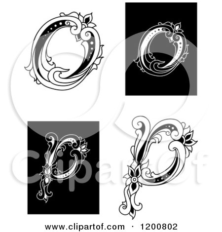 Clipart of Vintage Black and White Floral Letters O and P - Royalty Free Vector Illustration by Vector Tradition SM