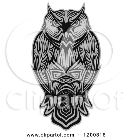 Clipart of a Grayscale Tribal Owl - Royalty Free Vector Illustration by Vector Tradition SM