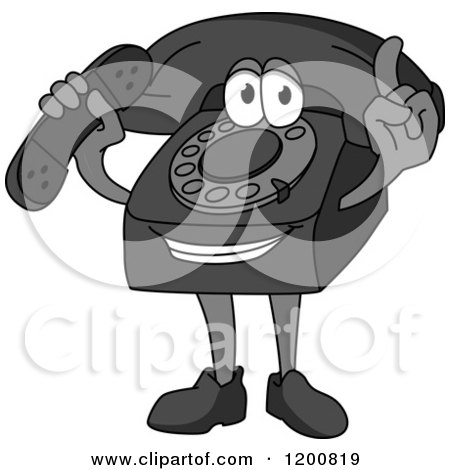 Clipart of a Grayscale Telephone Mascot Holding a Receiver and a Finger up - Royalty Free Vector Illustration by Vector Tradition SM