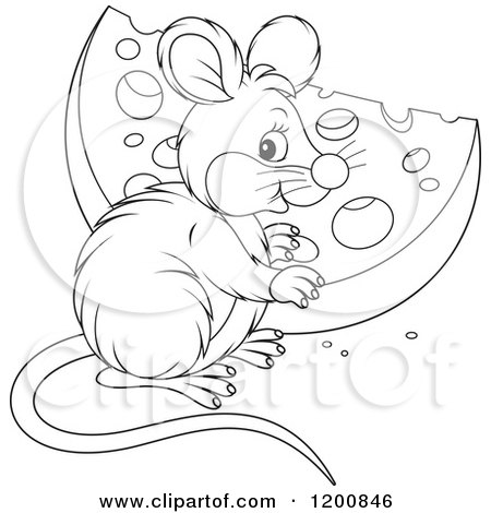 Cartoon of an Outlined Black and White Cute Mouse with a Cheese Wedge - Royalty Free Vector Clipart by Alex Bannykh