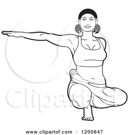 Clipart of a Black and White Woman Stretching in the Ardha Baddha Padma Yoga Pose - Royalty Free Vector Illustration by Lal Perera