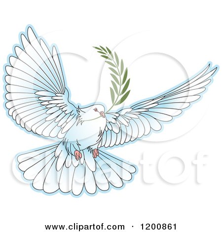 Clipart of a White Dove Flying with an Olive Branch - Royalty Free Vector Illustration by Lal Perera